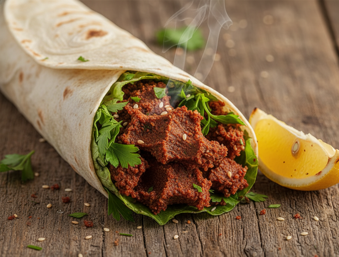 Çiğ köfte dürüm — taze lavaş ve yeşillikle